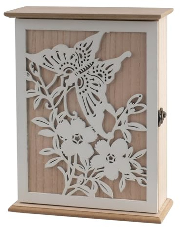 oupados Wooden Key Cabinet Flowers & Butterflies Wooden Key Cabinet with 6 Key Hooks Vintage White Key Tray Key Holder for Entrance, Hallway, Office Medium 28.5 x 22 x 7 cm