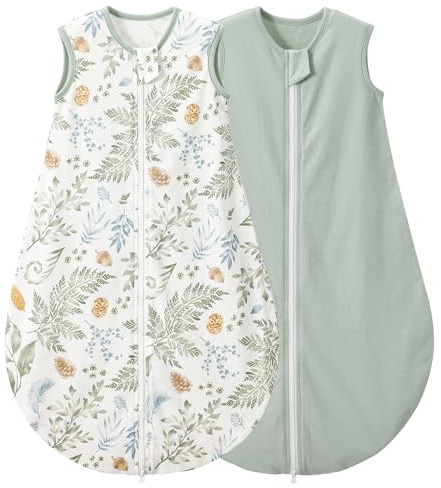 LULUMONKEY Baby Sleeping Bag 0.5 Tog 6-18 Months 2 Pack, 100% Cotton Summer Newborn Sleep Sack Baby Wearable Blanket, Green Forest