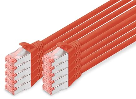 DIGITUS LAN Kabel Cat 6 – 0,5 m – 10 Stück – S/FTP Geschirmt – 1 Gbit/s – 250 MHz – PoE++ – AWG 27/7 – LSZH – RJ45 Netzwerkkabel – Patchkabel – Kompatibel zu Cat6A und Cat7 – Rot