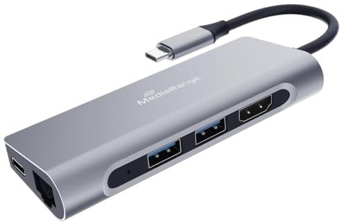 MediaRange USB C Hub, 7in1 Typ-C Multiport Adapter für bis zu 7 Endgeräten, mit USB 3.2 Gen, HDMI, RJ45 Buchse, SD/TF, USB-PD Type-C. Bus-gespeist, Superspeed Übertragungsrate bis zu 5 Gbit/s