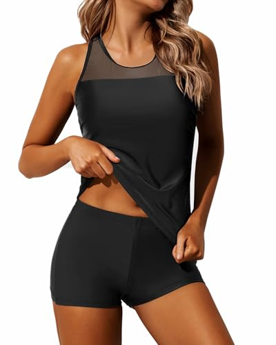 Yonique Tankini Swimsuits for Women with Shorts Athletic Two Piece Bathing Suits Racerback Tank Tops Swimwear Black M