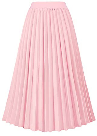 GOLDSTITCH Women's High Waist Pleated Skirt A line Swing Midi Skirt Pink