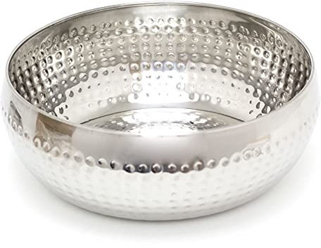 Carousel Home 24cm Stylish Silver Metal Kitchen Fruit Bowl | Round Stainless Steel Display Dish with Hammered Detail | Snack Bowl