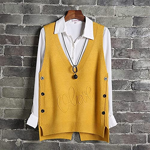 Tricot Pull sans Manches,Col en V pour Femmes Gilet Tricoté Boutons Latéraux De Couleur Unie Conception Irrégulière Lettre Amour Jacquard Débardeur Décontracté Pull Vintage Gilet sans Manches M Jaune