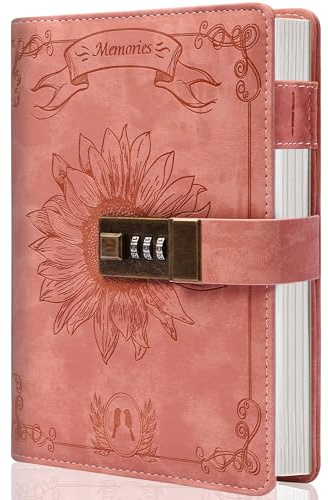 Lock Diary for Women Girls Vintage Lock Journal Refillable Personal Locking Diary Leather Locking Journal Writing Notebook B6 Secret Journal with Combination Passwords 5.5 x 7.8 in, Sunflower Pink