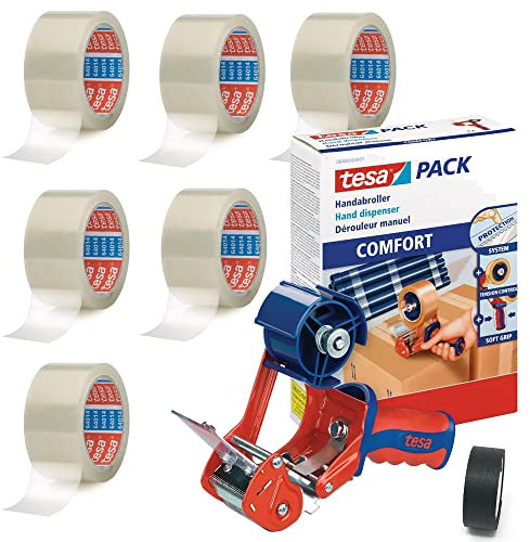 tesa Paketklebeband 66m : 50mm transparent farblos Verpackungsband Packband (6 Rollen + Handabroller 6400 + 1 Gratis Isoliergewebeband)
