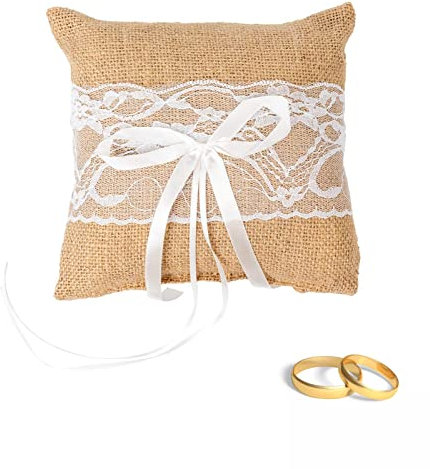 Jute Hochzeit Ringkissen, Vintage Jute HochzeitRingkissen, Sackleinen Ehering Kissen, Eheringe Brautkissen, Ringkissen, Ringkissen Jute Flower, Spitze Blumen Vintage Kissen für Hochzeitsaccessoires
