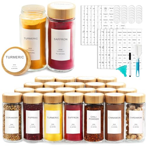 AISIPRIN Glass Spice Jars with 398 Labels-4oz 24 Pcs,Round Seasoning Jars with Bamboo Airtight Lids,Spice Container Set -Shaker Lids, Funnel,Brush and Marker Included