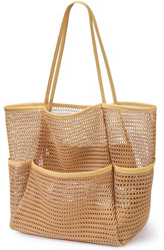 KPX Beach Bag with Mini Pocket, Summer Beach Tote Bags for Women Large Foldable Mesh Swimming Pool Travel Bags - Sandproof(Khaki)