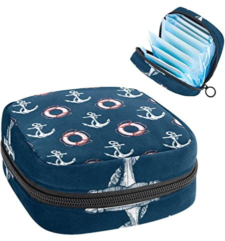Period Pouch, Portable Tampon Storage Bag for Sanitary Napkins, White Ship Anchor Lifebuoy Navy