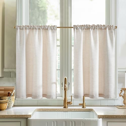 Vangao Fönstergardiner modernt kök beige linneutseende ljusgenomsläpplig bistrogardin set om 2 90 x 60 cm, enfärgade gardiner, korta lantlig stil, gardiner för vardagsrum, sovrum, husbil, kaffehus