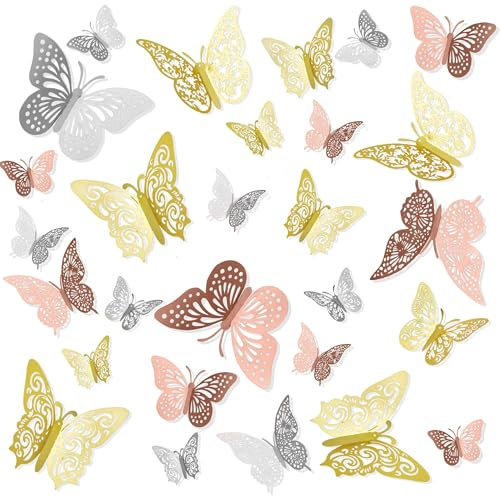 Farfalle Decorative,Adesivi Murali,Adesivi,Farfalle,Decorazioni Camera Da Letto,Farfalle Decorative Torta,Decorazioni Parete,Adesivi Murali Soggiorno,Adesivi Murali 3d,24 Pezzi,Oro,Argento,Oro Rosa