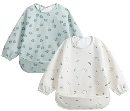 Little Dimsum Babero Impermeable de Manga Larga, 2PCS Baberos para bebés, Baberos para bebés Impermeables, Delantales Pintados para nifos para ninos de 6 a 3 anos(Elefantes& Castañas)