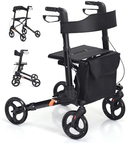 RELAX4LIFE Deambulateur 4 Roues Pliable Leger pour Adulte, Déambulateur Pliable en Aluminium avec Siège, Poignées Réglables, Freins, Dossier, Sac Amovible, Porte-Cannes, Rollator pour Âgés, Handicapés
