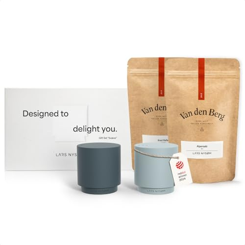 LARS NYSØM Geschenkset mit Salz und Pfefferstreuer & Gewürze - Mini Designer Salzstreuer & Pfefferstreuer mit feinstem Alpensalz und Brasil Pfeffer in ansprechender Geschenkbox (Blue)