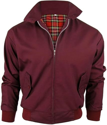 Armé- och arbetskläder Harrington jacka med tartan foder gjord gjord i Storbritannien för män med dragkedja klassisk bomber, Vinröd (vin), 5XL