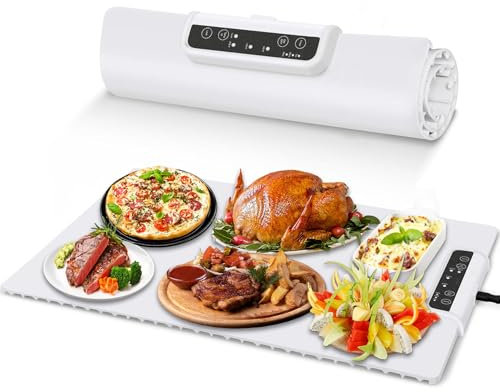 6-Dish Buffet Food Warmer Mat 3 Temp Adjustable (60℃-100℃) Foldable Silicone Electric Warming Tray 4H Timer 10s Quick Heating Waterproof Plate Warmer with Organizer Rope for Buffet Dining BBQ Party