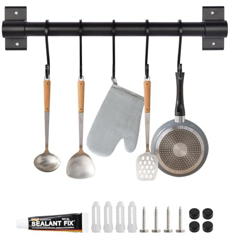 volumoon Barra Portautensili Cucina, Porta Utensili da Cucina Parete, Barra Portautensili da Cucina in Alluminio con 5 Ganci, Barra Portautensili da Cucina Nera per Cucina, Bagno