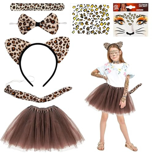 Meemion 7 Pezzi Costume Leopardo per Bambina, Costumi Animali Bambini Tutu Gonna con Leopardo Cerchietto, Gatto Coda Papillon, Costume Carnevale Bambina, per Carnevale Halloween Party Cosplay