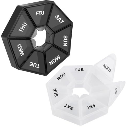 TDUNSYA 2 Piezas 7 Días Caja de Pastillero Diario, Pastillero Pequeño de Fácil Apertura, Caja de Pastillas con 7 Compartimentos, Blanco+Negro para Vitamina, Medicamentos, Aceite de Hígado de Bacalao