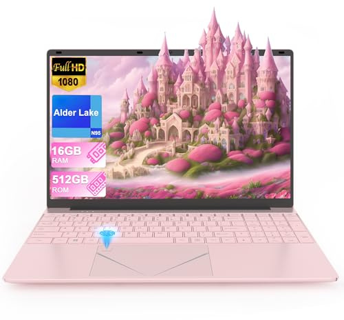 LEEDOW Laptop 16GB RAM 512GB SSD 15.6 FHD Display PC Quad-Core N95 Processor Up to 3.4GHz Laptop Computer with Touch ID Support WiFi Bluetooth4.2 USB3.0 Pink