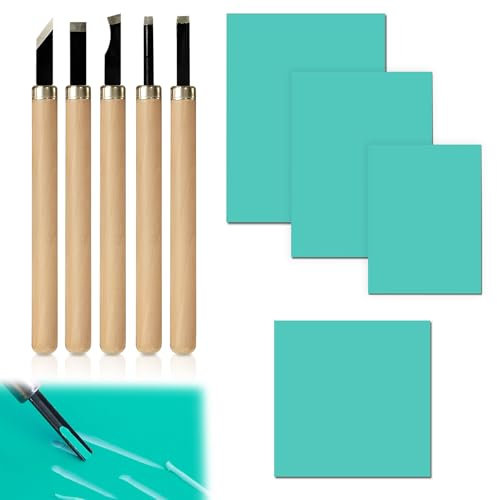 YUDAWN Linoldruck Platte Set, 4Stk Linolschnitt Platten Weichgummi Stempelgummi Gummistempel Schnitzblöcke mit 5Stk Linoleum Schnitzwerkzeuge für Druckgrafiken Bastel DIY