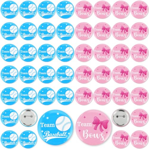 Quelay 50 Pcs Gender Reveal Button Pins 1.75 Inch Team Boy or Girl Pins Bulk, Baseballs or Bows Gender Reveal Decorations Baby Shower Party Favors for Guests Pink and Blue Badge Supplies