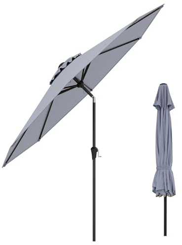 KOMFOTTEU Sombrilla de Jardín Ø270cm, Parasol de Terreza Exterior con Protección UV, Sombrilla Reclinable con Manivela, Sombrilla de Patio con 8 Varillas para Balcón, Playa, Mercado (Gris)