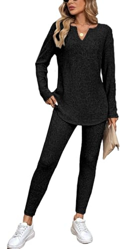 JENJON Donna Completo Tuta 2 Pezzi a Maniche Lunghe con Leggings in Maglia a Coste Scollo a V Tuta Casual Sportiva Autunno Inverno