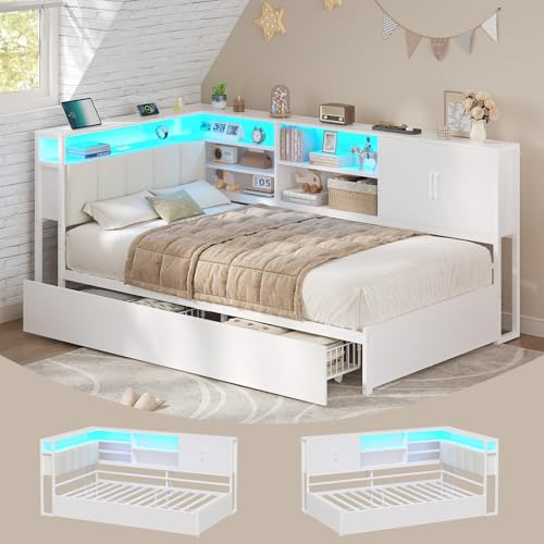 KIMENICH Cama tapizada sofá Cama 90 x 200 cm con iluminación LED, estación de Carga, Camas Juvenil con 2 cajones y somier de láminas de Metal, cabecero con Almacenamiento, estantes Abiertos, Blanco