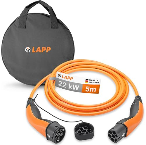 Lapp Mobility Type 2 Câble de Recharge avec Sacoche de Transport, 22 KW, 5 m, 32 A, triphasé, Mode 3, IP55, pour Voitures électriques et Hybrides Rechargeables, Orange, 79586