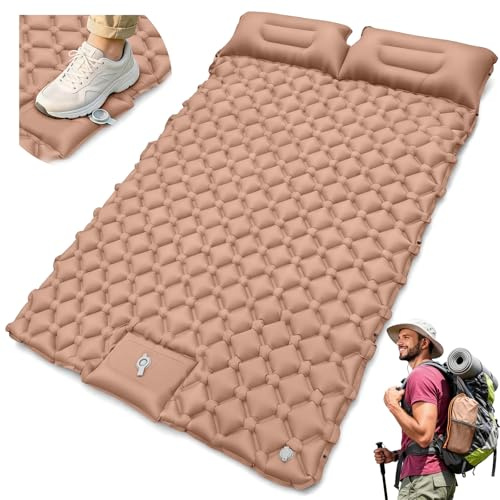 Materassino da campeggio con pompa a piede, materasso ad aria ultraleggero con cuscino, spessore 8 cm, collegabile per uso singolo o doppio, impermeabile, per campeggio