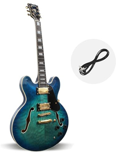 MUSOO Semi-hollow body electric jazz guitar, Mahogany with quilted maple veneer body, Maple neck, Ebony fingerboard