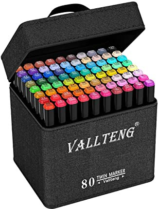 Vallteng 80 Colored Alcohol Based Markers, Quick-Drying Colouring Pens for Adults, Kids,Beginners, Dual Tip Permanent Art Marker Pens for Drawing, Sketching, Anime, Manga With Carrying Case and Base