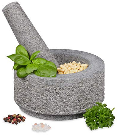 Relaxdays Mortaio e Pestello, in Granito, Resistente, per Erbe Aromatiche e Spezie, in Pietra Lucida, D: 14 cm, Grigio