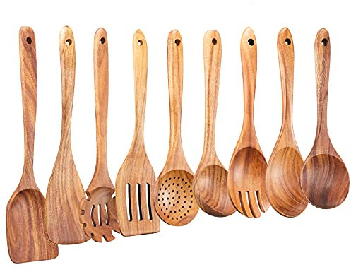 GUDAMAYE Wooden Kitchen Utensils Set, 9 PCE Natural Teak Wooden Spoons For Non-stick Pan for Cooking,