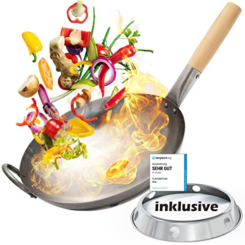 Flavemotion Wok Pfanne 30cm inkl. Wokring - Geeignet als Wokpfanne Induktion sowie für den Grill und Gasherd - Wok Pfanne aus robusten Karbonstahl - Woks & Wokpfannen, Wok Gasbrenner, Wok Induktion