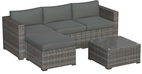 May in Color 5 Piece Outdoor Patio Sectional Furniture Set, Weather Resistant Rattan Outside Couch, Waterproof Conversation Sofa for Balcony, Porch, Backyard, Deck, Garden, Grey