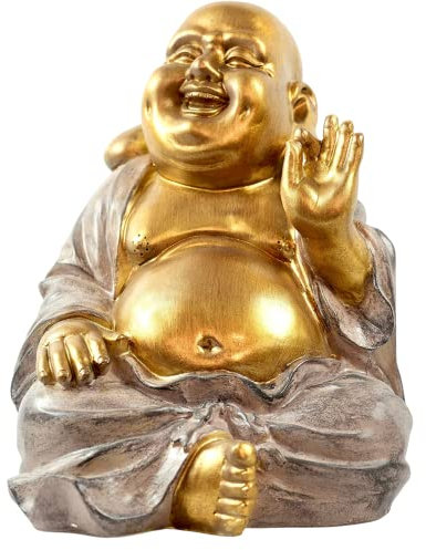 Generisch XXL MF Lachende Buddha Figur mit dickem Bauch Skulptur Deko Feng Shui Yoga Meditation in Gold/grau Höhe 33cm