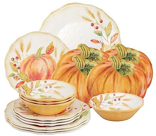 UP ware - Servizio di stoviglie in melamina, 16 pezzi, include piatti piani, piatti da insalata, piatti da dessert, ciotole, servizio per 4 persone (zucca raccolta)