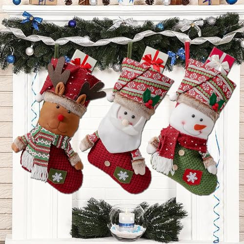 Nikolausstrumpf Set 3er Set Weihnachtsstrumpf Kamin 46cm Nikolausstiefel zum Befüllen Schneemann Elch Santa Weihnachtssocken zum Aufhängen für Familiendekorationen Hängendes Ornament (rot und grün)