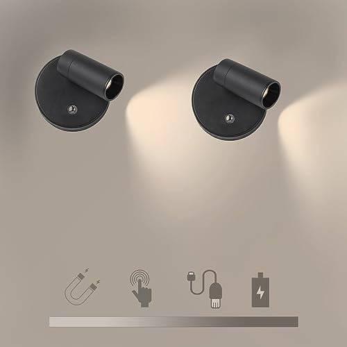 JZCDR Akku Wandleuchte Kabellos Dimmbare 2 Stück Magnetische Wandlampe Mit Touch Schalter, Aluminium & ABS Wandspot LED Dreh- Und Schwenkbar, USB Batterie Lampe Wand Innen für Schlafzimmer Warmweiß