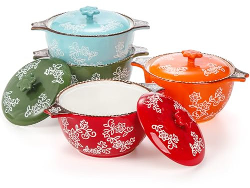 AVLA 4 Pack Ceramic Soup Bowls with Lid and Double Handles, 22 OZ French Onion Soup Crock, Small Casserole Dish for Oven, Mini Cocotte Set Baking Ramekins for Stews, Cereal, Oatmeal or Pasta