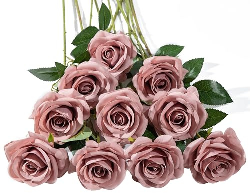 DuHouse 10 rose finte fiori di seta artificiali fiori di rosa finto fiore lunghi steli bouquet per organizzare matrimoni centrotavola festa casa decorazione cucina (Rosa polveroso)