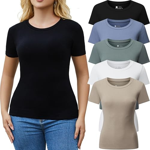 FMNNNN 3/5 Pack Crew Neck T Shirts for Women Daily Casual Womens Fitted Tshirt Basic Tops for Women Stretchy Womens Tees
