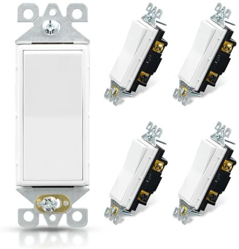 ELEGRP 3 Way Decorative Light Switch, 15Amp, 120-277 Volt, AC Decorator Rocker Paddle Wall Switch Replacement, Self-Grounding, Residential and Commercial Grade, UL Listed (5 Pack, Glossy White)