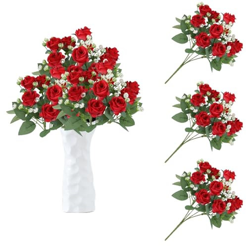 astylishome Faux Flowers 30 Pcs Artificial Roses Flower with Long Stem Fake Rose Realistic Bridal Wedding Bouquet Suitable for Home Party Hotel Garden Office Decor Red 1608