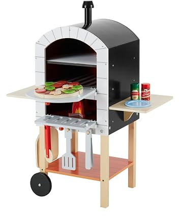 Teamson Kids Forno Pizza con 24 Accessori per Bambini, Grigio/Naturale