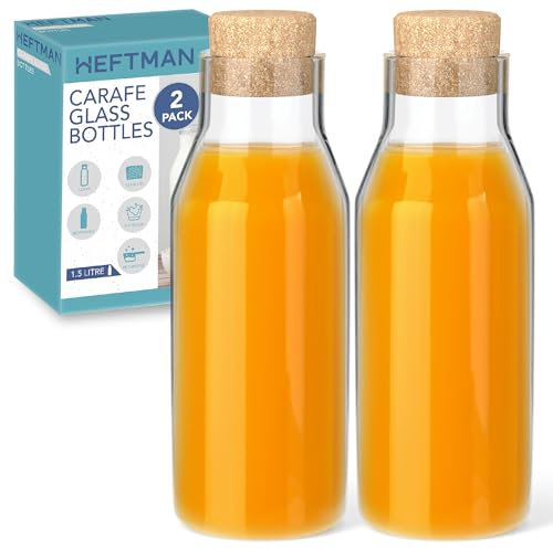 HEFTMAN Botella de vidrio de 1,5 litros con tapa de corcho, jarra de agua transparente para bebidas calientes y frías, tarros de suavizante de tela reutilizables, botella de almacenamiento de