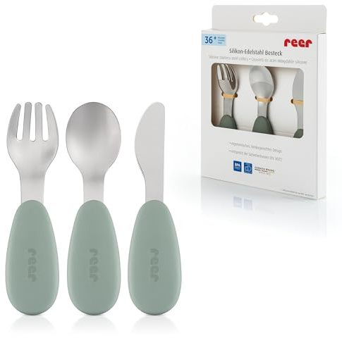 reer Silikon-Edelstahl Besteck | 3-teilig | für Babys & Kinder | ergonomisches und kindgerechtes Design | lebensmittelechtes Silikon, Edelstahl-Spitzen |spülmaschinenfest | grün/silber